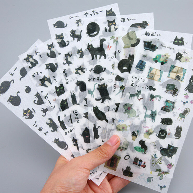 Pegatinas de papelería decorativas de gato negro, álbum de recortes Diy, diario, álbum, palo, etiqueta, 6 hojas por paquete