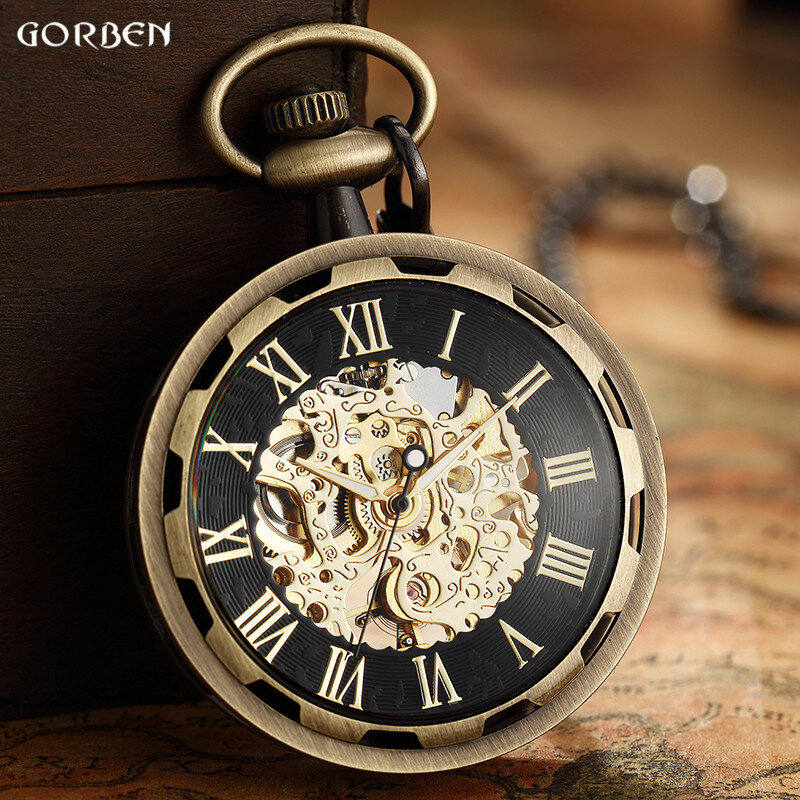 Zegarek w starym stylu naszyjnik Steampunk szkielet mechaniczny zegarek kieszonkowy na łańcuszku Fob z cyframi rzymskimi wisiorek z zegarem ręcznie nakręcany mężczyzna kobiet