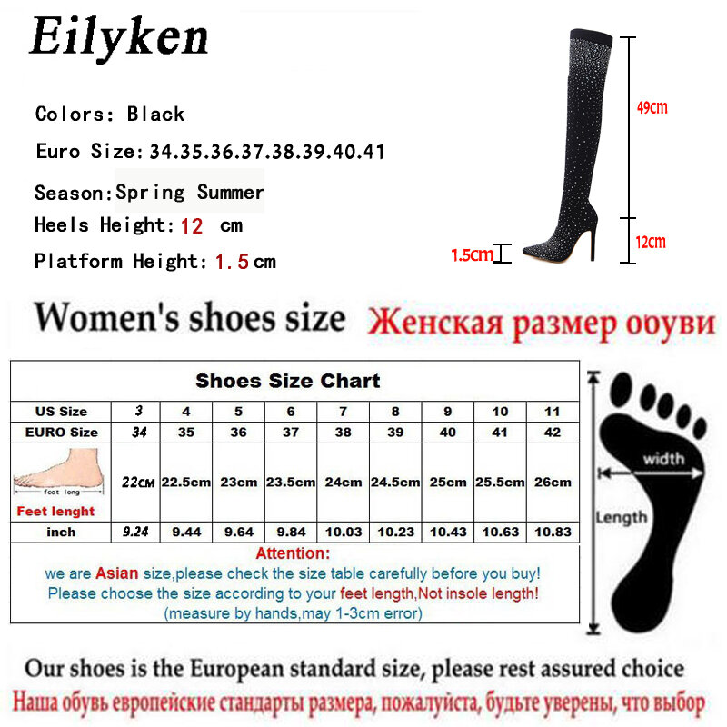 Eilyken-Botas femininas de tecido elástico de cristal sobre o joelho, altura da coxa, dedo apontado, sapato estilete, moda de passarela, 2023