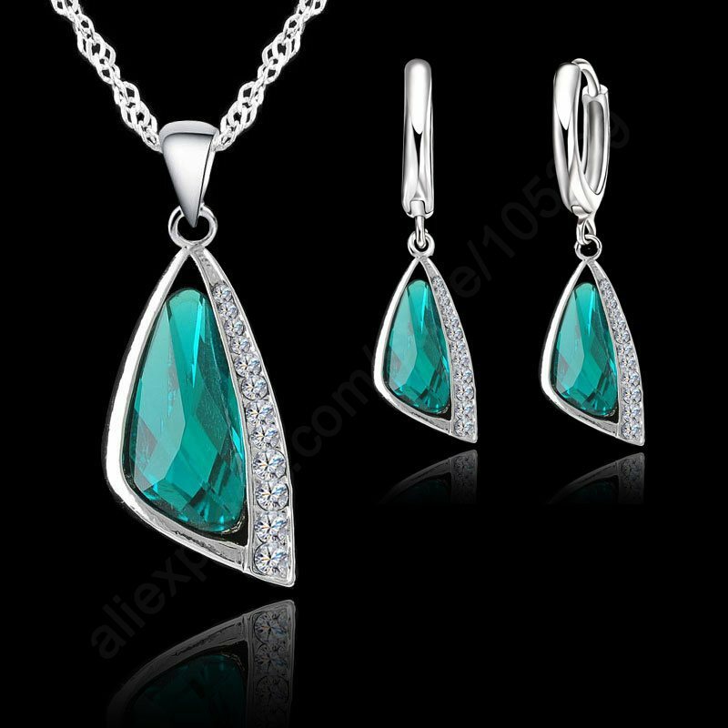 Gorący sprzedawanie 925 Sterling Silver kobiety biżuteria ślubna zestawy z zielony kryształ w kształcie trójkąta kolczyki naszyjnik zestaw prezenty ślubne