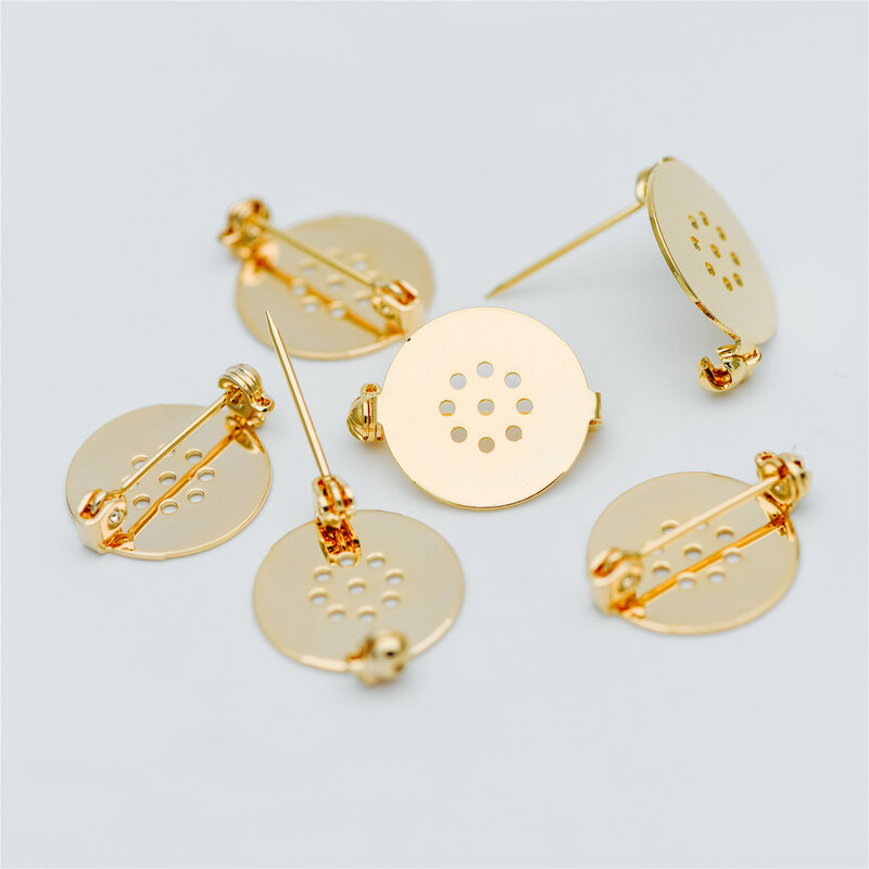 10 stücke Gold Brosche Pin Rohlinge, Flache Pad Cabochon Rohlinge 18mm, gold Überzogene Messing Brosche Erkenntnisse (GB-636)
