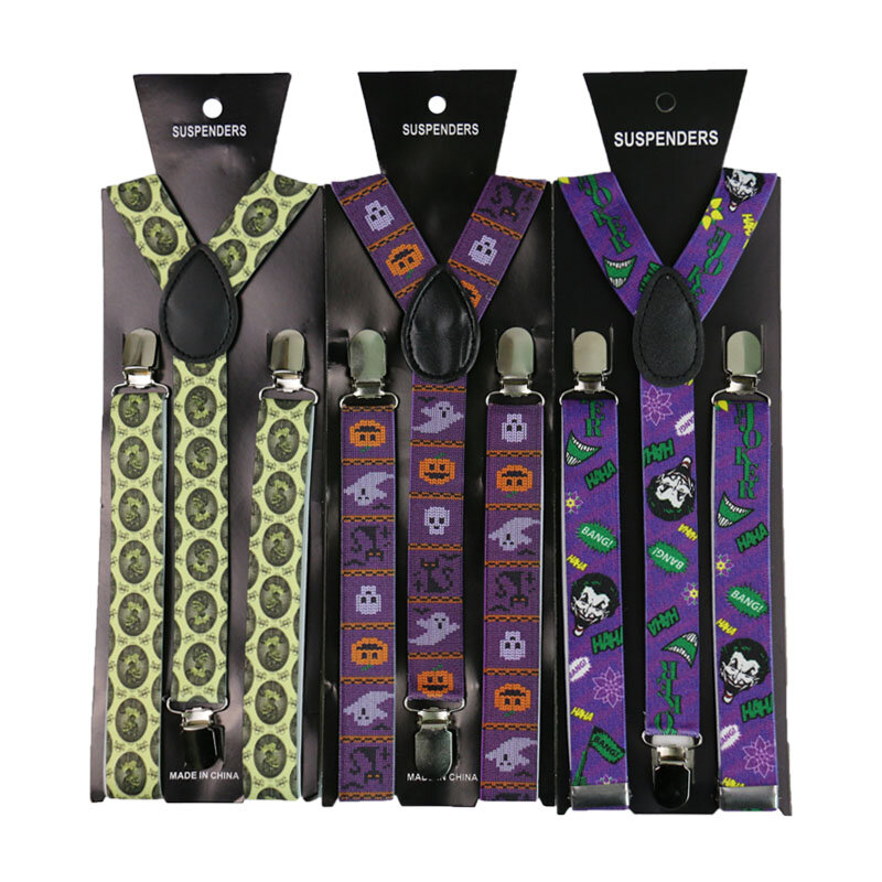 Adjustable Elasticated 2.5cm Wide Hallowmas Print Suspender Straps Unisex Men Womens Y-Shape Elastic 3 Clip Suspenders