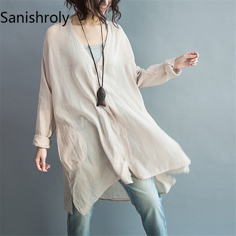 Sanishroly Spring Autumn Women Blouse V-Neck Solid Cotton Linen Blouses Female Casual Loose Shirts Long Shirt Tops Overszie S012