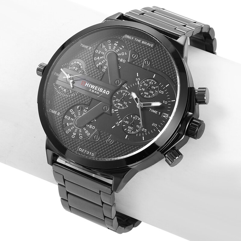 Big Watch Men Luxury Quartz Sport Military Mens Watches Full Black Steel Watchband Clock Man 2 Time Zones DZ Relogio Masculino