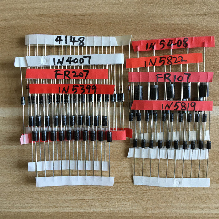 Paquete de componentes electrónicos, Kit surtido de diodos 1N4148 1N4007 1N5819 1N5399 1N5408 1N5822 FR107 FR207, valor 8 = 100 piezas