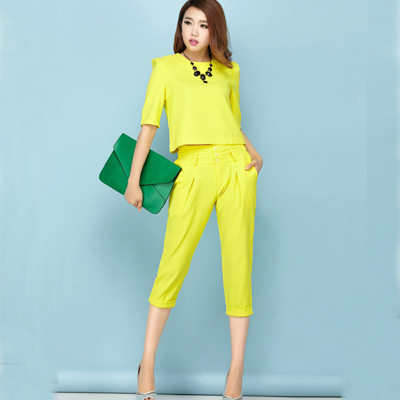 Work Fashion Pant Suits 2 Piece Sets Short Solid Pullover Breasted Top & Calf-Length Pant Office Lady Suit Women Outfits 2018