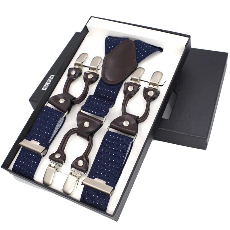 Jierku suspensórios masculinos, 6 clips, novo suspensório fashion para calças, presente de pai/esposo, caixa colorida, 3.5*120cm