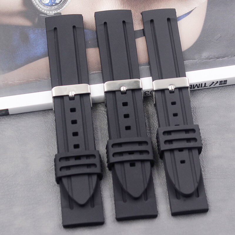 Correa de silicona negra de alta calidad 20mm 22mm 24mm para hombres y mujeres, correa de goma de silicona deportiva impermeable, hebilla, accesorio