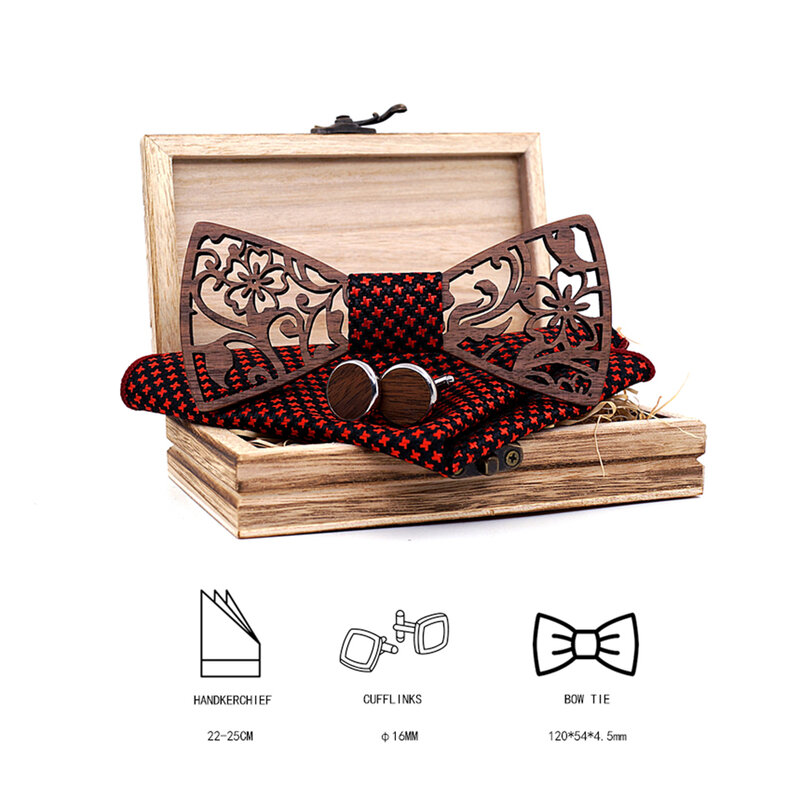 Conjunto de pajarita de madera para Hombre, pañuelo de madera, gemelos, corbatas de seda para negocios, boda, fiesta, 4 Uds.