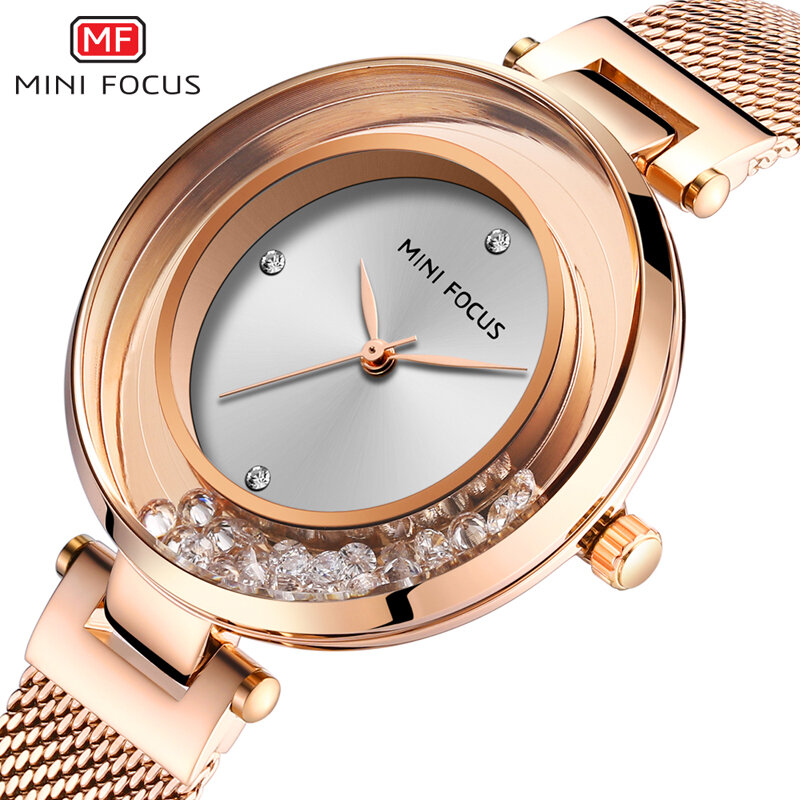 Relógios femininos mini foco senhoras relógio de luxo marca cristal à prova dwaterproof água moda malha cinto mulher vestido relógios pulso mf0254l