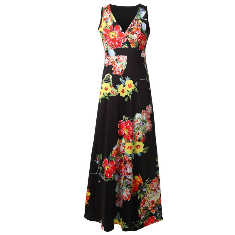 Kobiety sukienka bez rękawów V Neck sukienki patchwork kwiatowy drukowane drapowana długa, maksi sukienka Vestidos kobieta vestidos de verano W0619