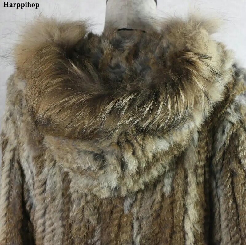 送料無料女性ニットリアルウサギの毛皮コート/ジャケット/outwareフード女性ベルトロングタッセル 2019 ブラジルホット販売