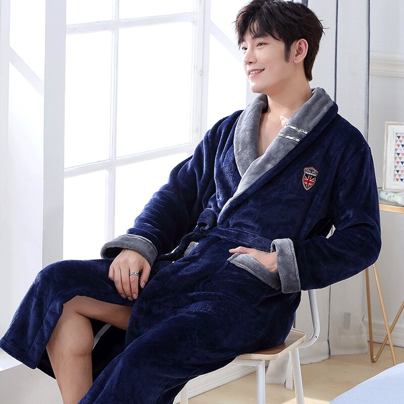 Albornoz Kimono informal para hombre, bata larga de franela, ropa de dormir gruesa y cálida, 3XL camisón de talla grande suelto, ropa para el hogar, Otoño e Invierno