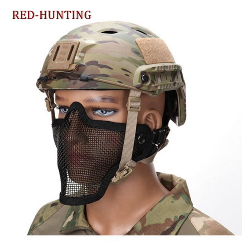 Malha de metal de aço meia máscara protetora tático greve paintball capacete proteção campo máscara