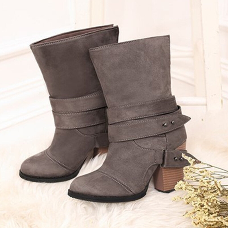 Botas de mujer de moda de punta redonda botas de invierno cómodas de tacón cuadrado Flock zapatos de mujer cinturón decoración botas de media pantorrilla Martin