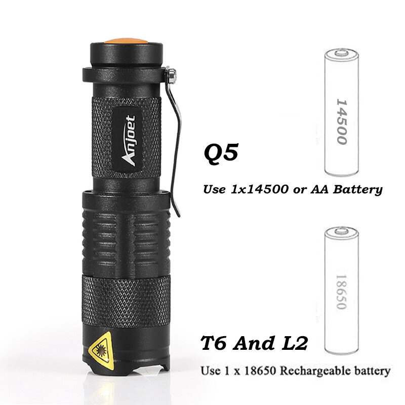 Светодиодный фонарик Anjoet Q5 T6 L2, портативный мини-фонарик с регулируемым зумом, фонарик с батареей 14500 и 18650 для велосипесветильник щения