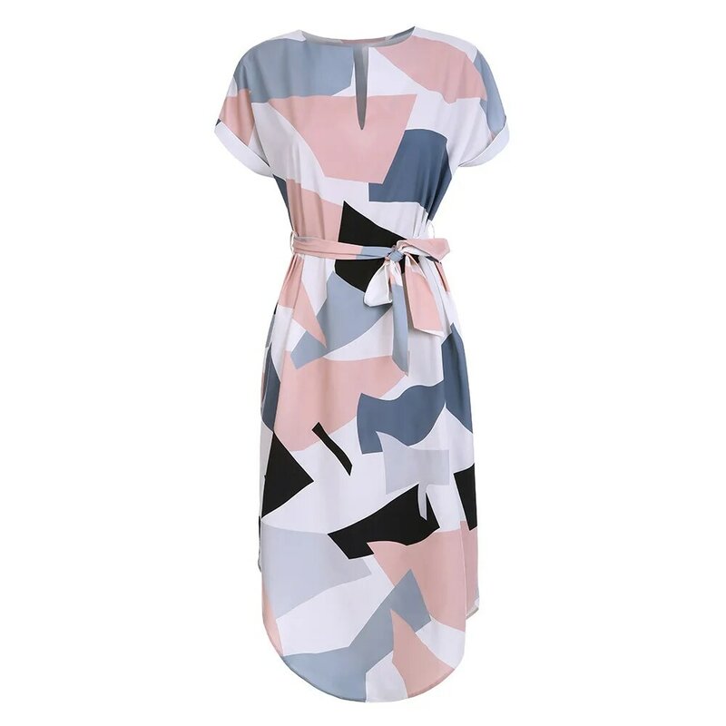 LOSSKY Women Midi Pencil Dress Summer Geometric Multi-color Mid-Calf Length Stand Collar Novelty Geometric Pencil Dress