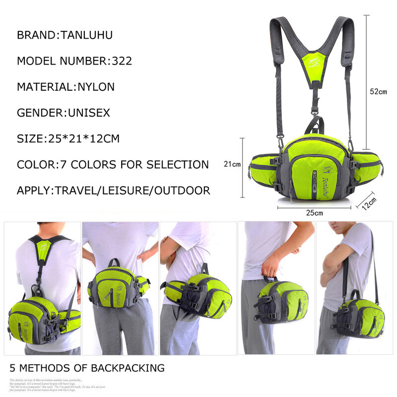 TANLUHU 322ผ้ากันเปื้อนกันน้ำกีฬากระเป๋าผู้ชายผู้หญิงเดินป่าขี่จักรยานวิ่งผู้ถือขวดไหล่กระเป๋าเป้สะพายหลัง Cross กระเป๋าถือเอวกระเป๋า