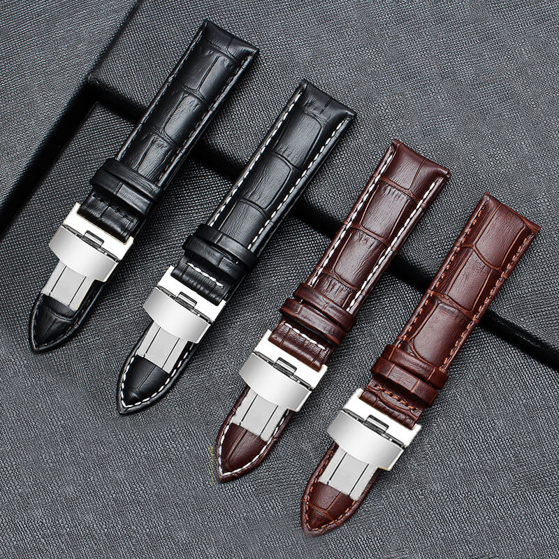 Brand Genuine Cow Leather watchbands 18-24mm watch strap belt Polished Metal Butterfly Deployant Buckle Clasp Watch Accessories