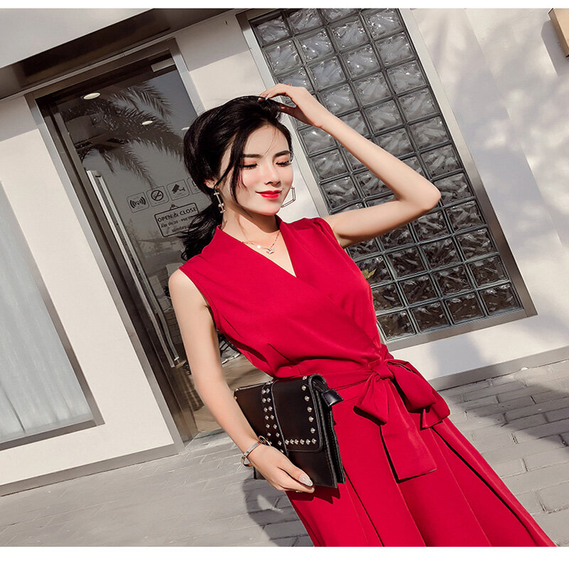 Ladies New Fashion V-Neck Jumpsuit Women Elegant Sexy Bow Rompers High Waist Jumpsuit