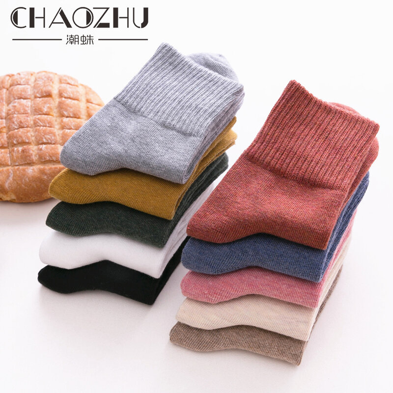 Chaozhu ถุงเท้าคุณภาพดีคอตตอน100% ของผู้หญิงถุงเท้านุ่มสีสันสดใสรุ่นพื้นฐานสำหรับฤดูใบไม้ร่วงฤดูหนาว