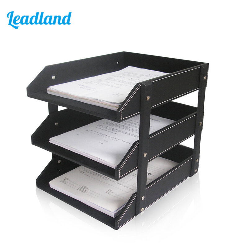 Office Supplies 3 Layers File Rack PU Leather A4 Document Tray Shelf Frame Paper Desk Organizer Home Magazine Tray Letter Holder