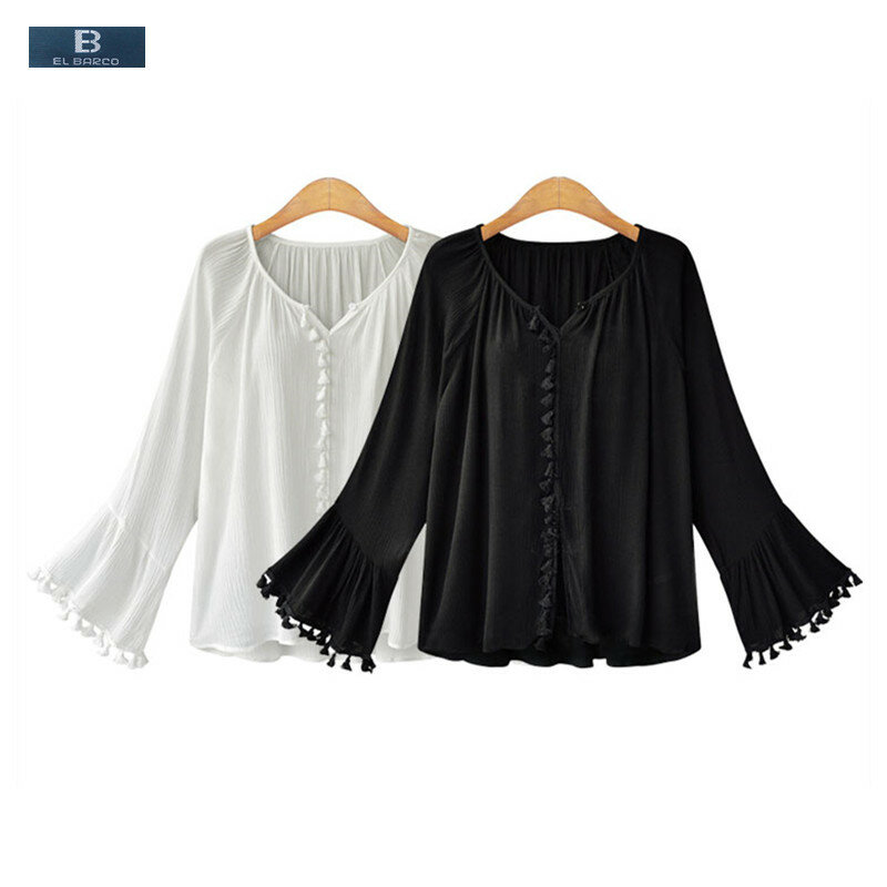 Женская шифоновая блузка [EL BARCO], хлопковая, льняная блузка с длинными расклешенными рукавами, V-образным вырезом, кисточками, женская одежда, лето размера плюс, M-3XL
