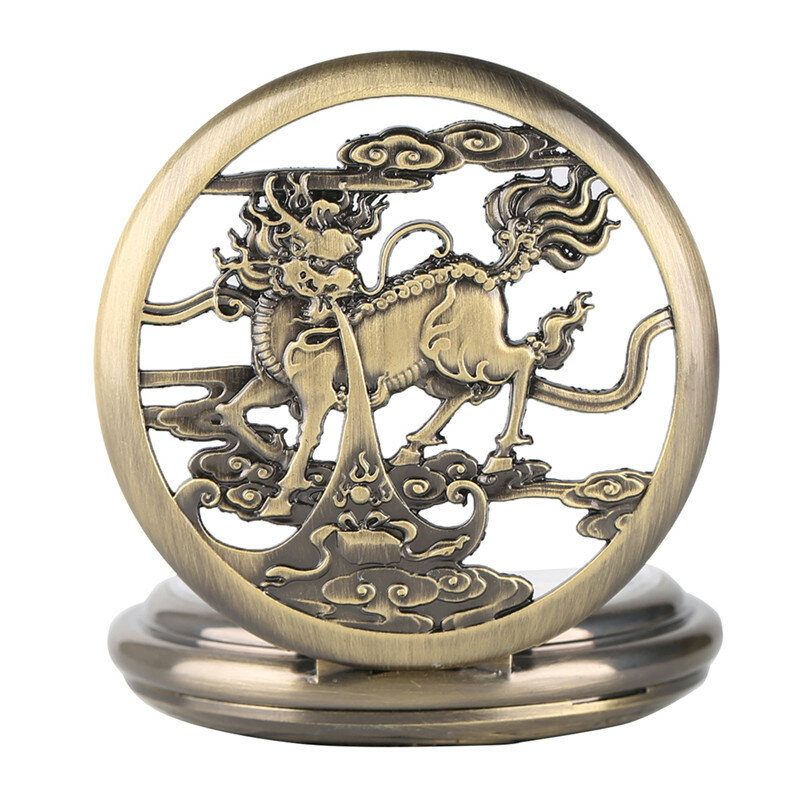 Reloj de bolsillo mecánico para hombre, pulsera con diseño de Kylin hueco, bronce y cobre, de lujo
