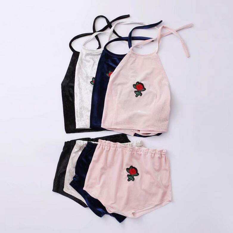 4 Colors Sexy Women Rose Embroidery Velvet 2 Two piece set 2018 New Halter Tank Camis Crop Top with Brief Panties Sets Outfit