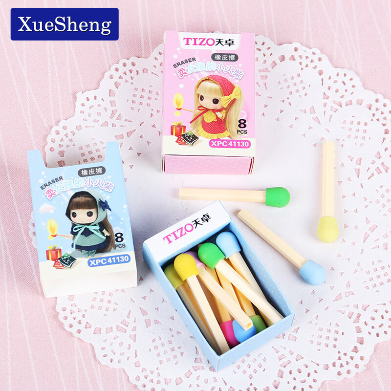 Cute Kawaii Colored Matches Eraser para Crianças, Adoráveis Estudantes, Item Criativo Infantil, Presente, 8 Pcs por Pacote