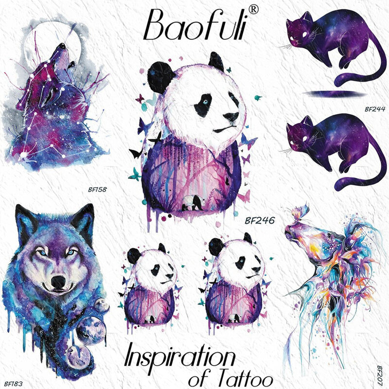 BAOFULI-tatuaje temporal para niños, pegatina 3D de acuarela, Panda, mariposa, bosque colorido, tatuajes impermeables, arte corporal, tatuaje falso para brazo