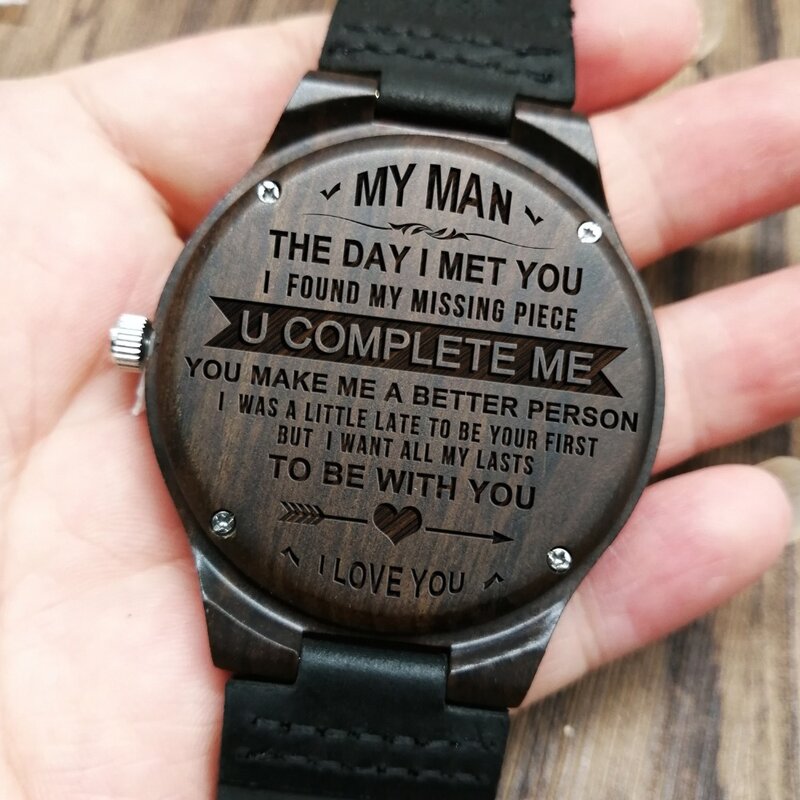 แกะสลักไม้นาฬิกาผู้ชายของฉันสามีของฉัน YOU COMPLETE ME