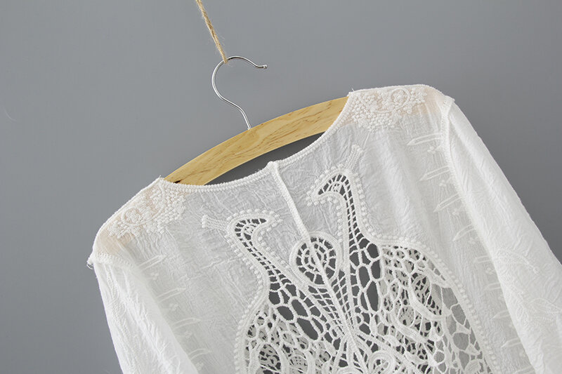속이 빈 흰색 레이스 블라우스 기모노 여름 2019 면 느슨한 여성 셔츠 패션 반 소매 기모노 카디건 블라우스 여성 1806