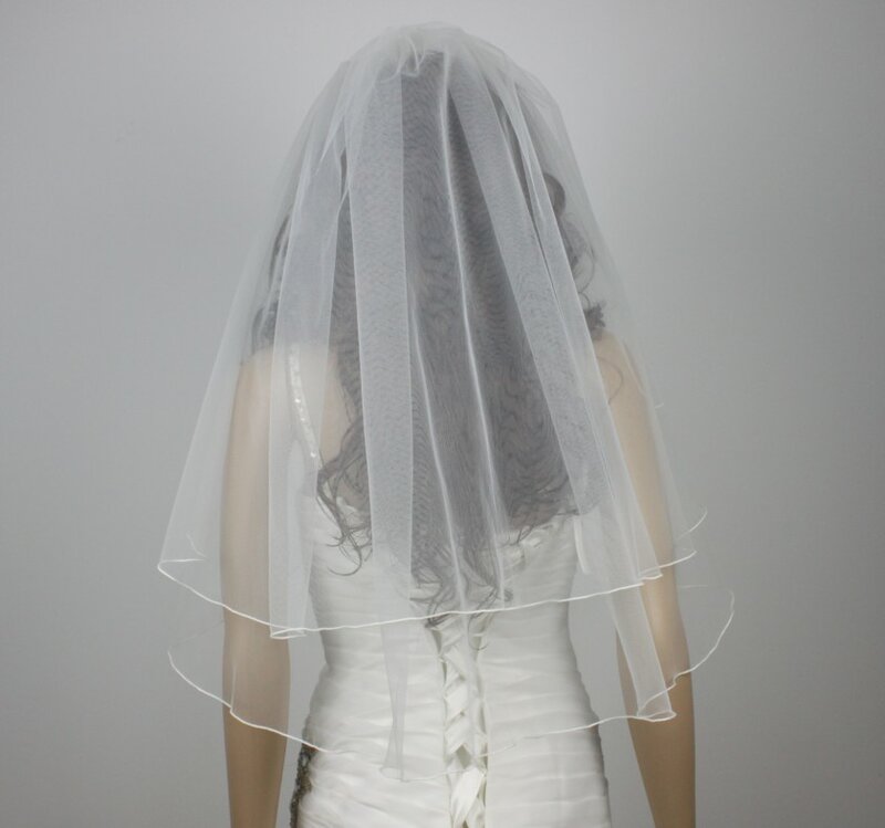 Véu de noiva com borda 2 camadas, branco, bege, comprimento do cotovelo, pente