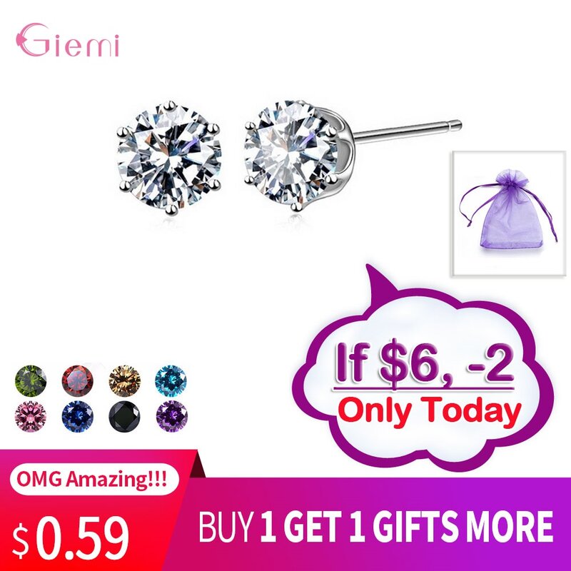 New Collection Cubic Zirconia CZ Stone 6MM Fashion Jewelry Stud Earrings 925 Sterling Silver Earrings Women Gifts 20 Colors