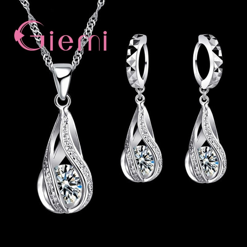 100% 925 Sterling Silver Baru AIR Drop Kubik Zircon Liontin Kalung & Anting-Anting untuk Wanita Wanita Perhiasan Set Pernikahan