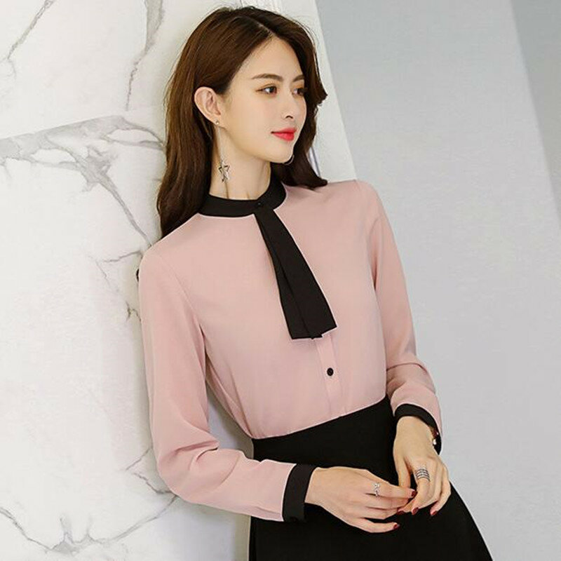 Blusa de chifón de manga larga para mujer, Top ajustado de estilo coreano para oficina, ropa de trabajo a la moda, H9071, primavera y verano