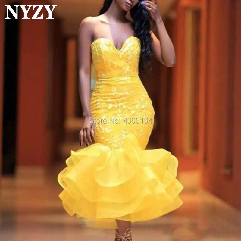 แอฟริกาอาหรับชุดราตรี2019 NYZY E171สีเหลือง Organza Ruffles Mermaid Evening Gown Robe De Soiree Courte Vestidos De Gala