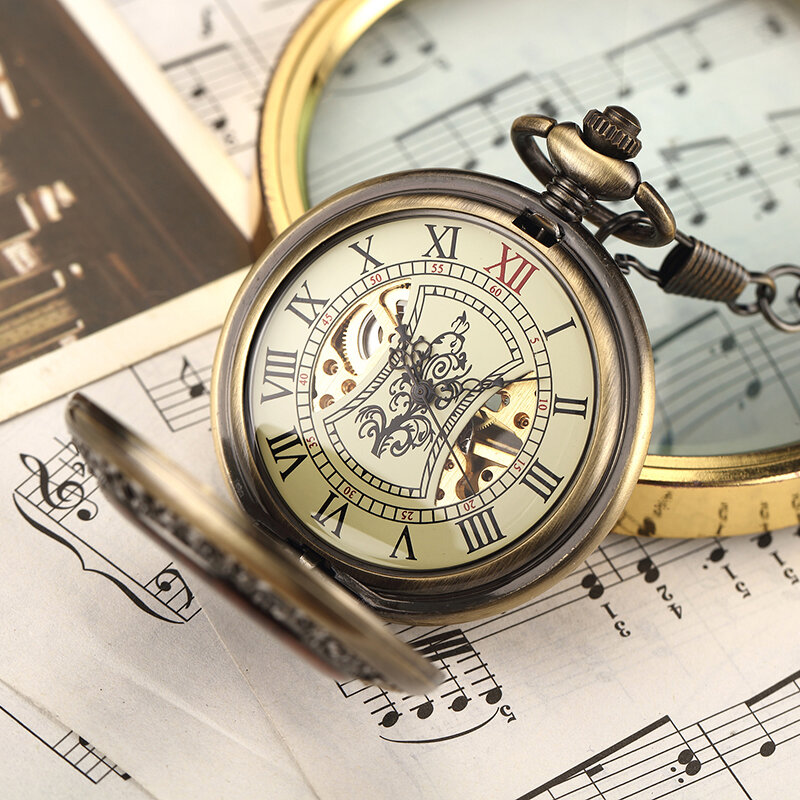 Механические карманные часы-брелок из твердого дерева, полый циферблат в стиле стимпанк, мужские и женские часы-скелетоны, в коробке