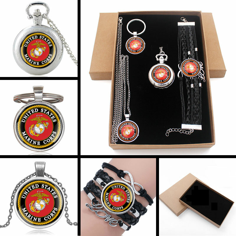Conjunto de joyas del Cuerpo Marino de Estados Unidos Vintage con reloj de bolsillo y COLLAR COLGANTE y pulsera de llavero con caja de regalo