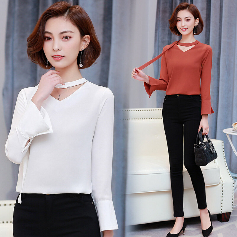 Ukuran Besar Wanita Lengan Panjang Kemeja Sifon Musim Semi Musim Gugur Baru Korea Fashion Sangkakala Lengan Wanita Bawah Blus Atasan h9048