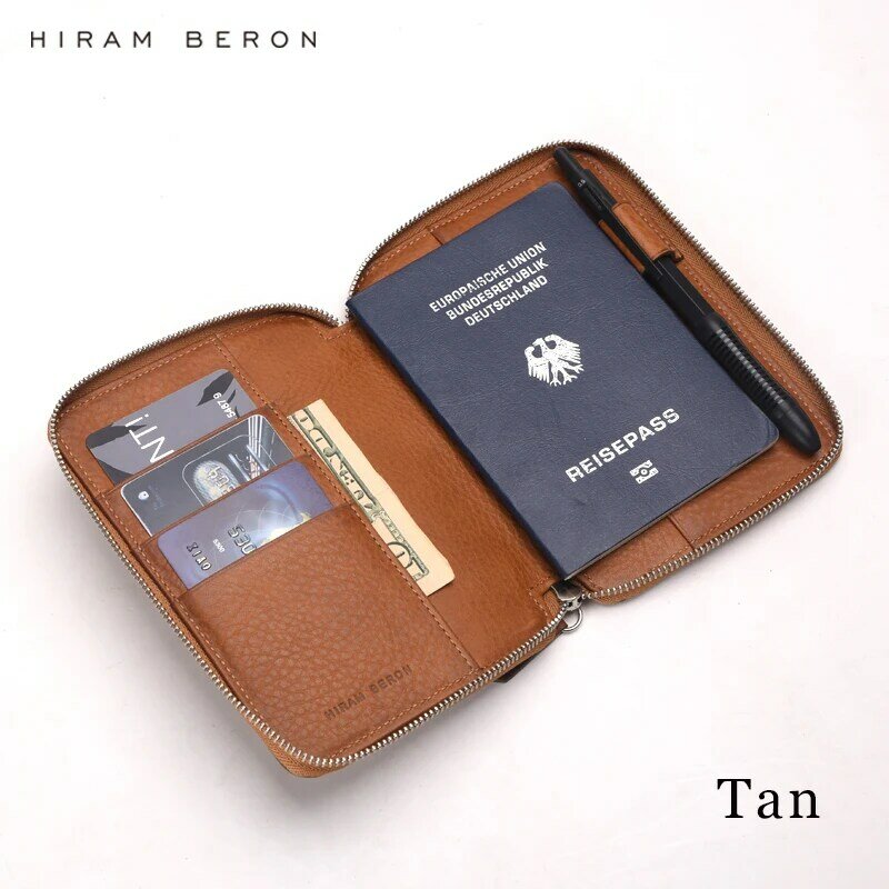 Hiram Beron-funda para pasaporte de gran capacidad, bloqueo RFID, cremallera, billetera genuina, Dropship
