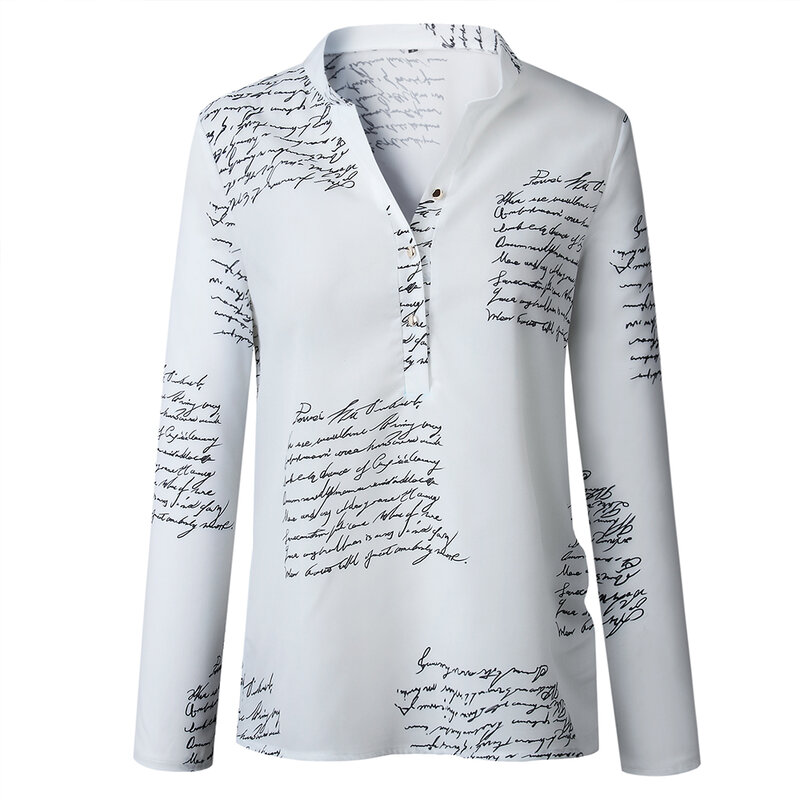 Autumn Spring V Neck Long Sleeve Womens Tops and Blouses Sexy Letters Printed Ladies Shirt Plus Size White Blouse Tunic Streetwe