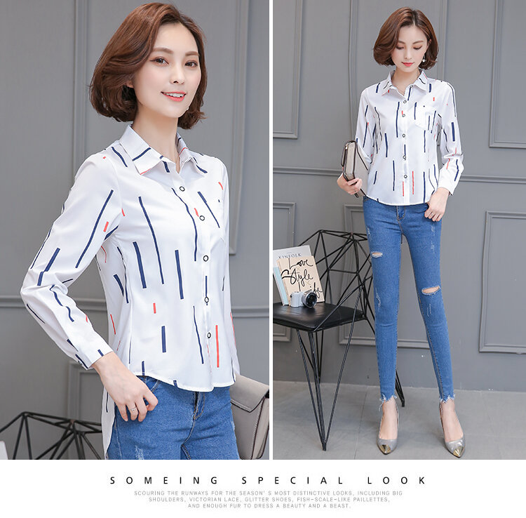 New 2019 Spring Summer Women Blouses Fashion Striped Print Shirt Chiffon Ladies Office Work Wear Shirts Blusas Tops 1392