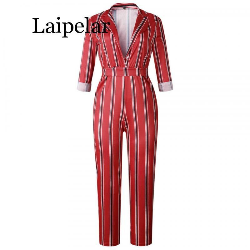 Fashion striped printed jumpsuits for women 2019 Half sleeve turn down collar long rompers womens jumpsuit Autumn new overalls