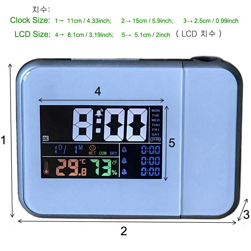 ギフトアイディアカラフルなLEDデジタルプロジェクション時計温度計湿度計デスク時間プロジェクターカレンダー