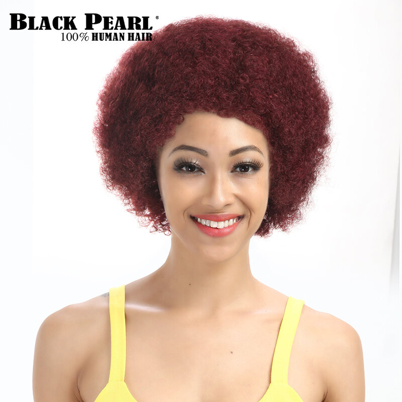 Wig hitam mutiara pendek keriting anggur merah wig pendek Pixie rambut manusia wig Afro untuk wanita hitam wig rambut keriting Amerika Afrika 99j