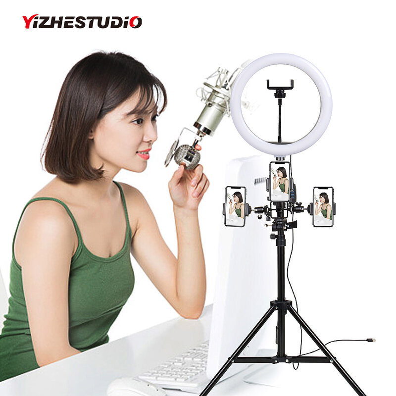 Yizhestudio muti-funcation 10in 26cm led selfie anel luz fotografia vídeo ao vivo maquiagem lâmpada com suporte do telefone da câmera
