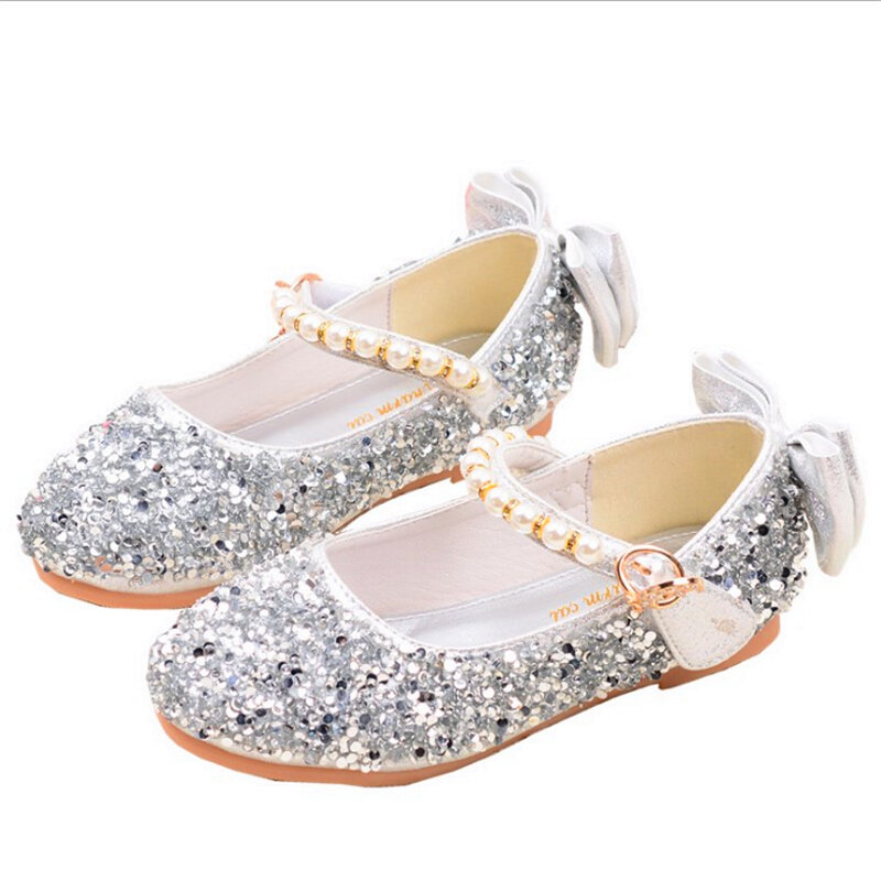 Spring Autumn Fashion Sequins Bow Pearl Kids Shoes For Girls Children Leather Shoes Casual Girls Princess Flat Heel Party Shoes
