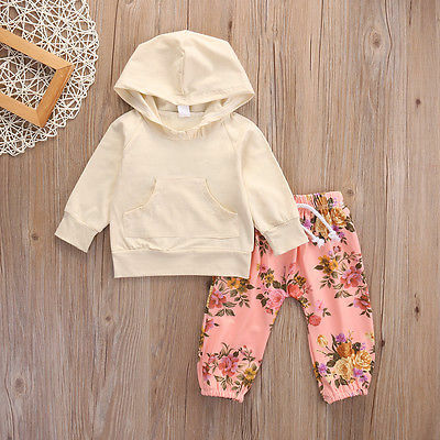 Floral Newborn Baby Girl Hooded Tops Hoodies AND Long Pants 2pcs outfits Clothes Set